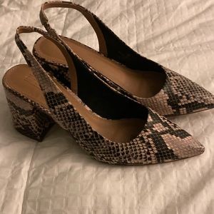 ASOS block heel snake print sling backs
